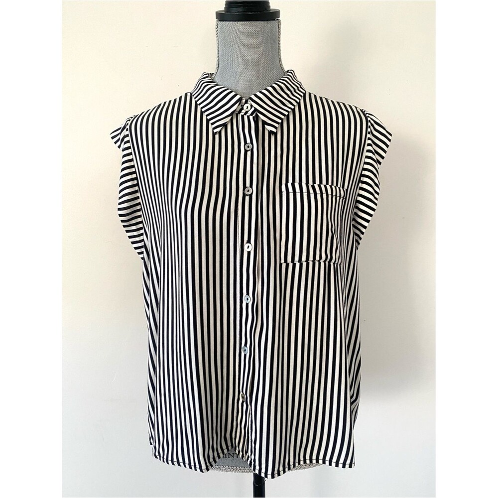 Pink Martini Black & White Stripe Ruffle Mini Sleeve Button Blouse Sz L Preppy